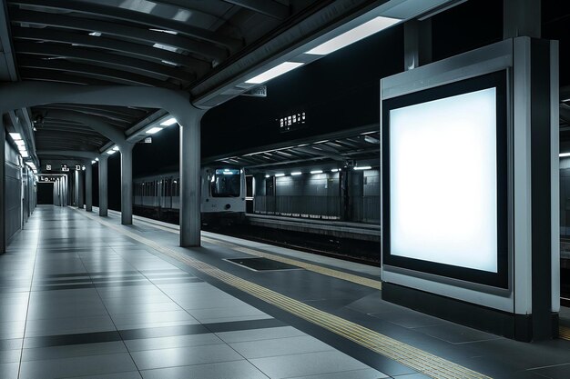 une station de métro avec un panneau d'affichage vierge sur le quai