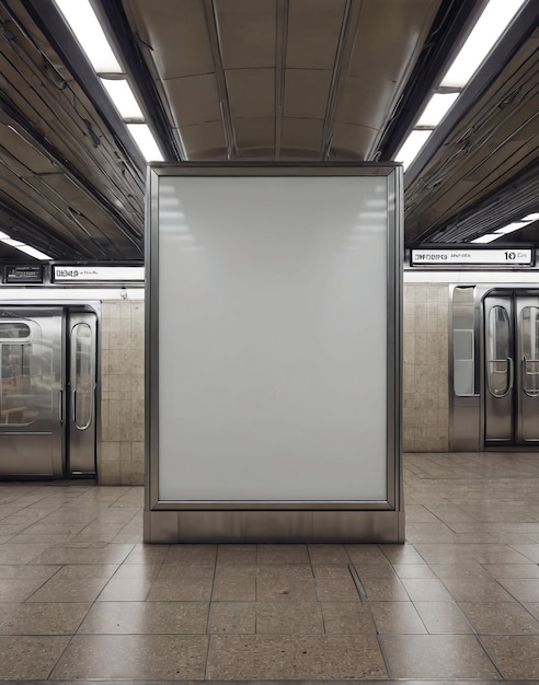 une station de métro avec un panneau blanc