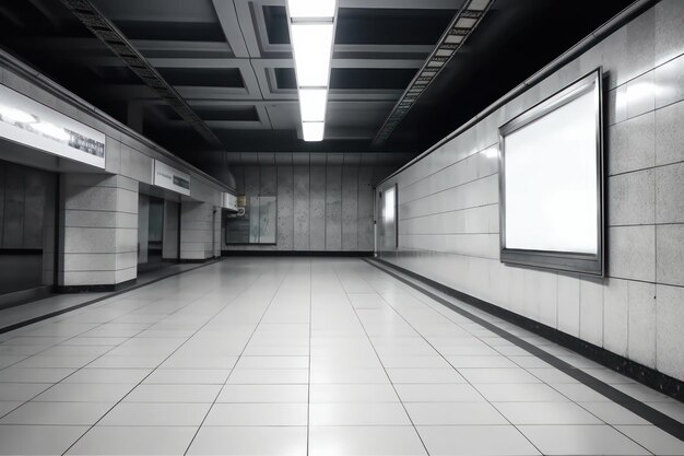 Station de métro sombre et atmosphérique avec un écran de télévision solitaire ou une maquette de tableau sur le mur