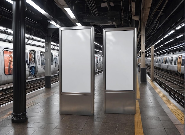 une station de métro avec un train et un panneau