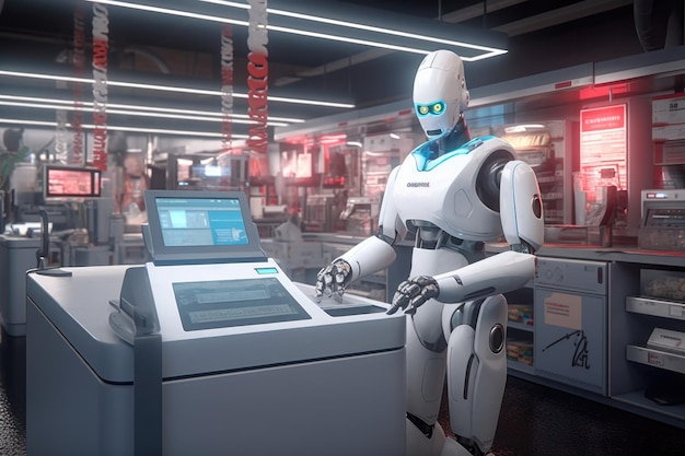 Station de paiement libre-service futuriste avec assistant robot créé avec l'IA générative