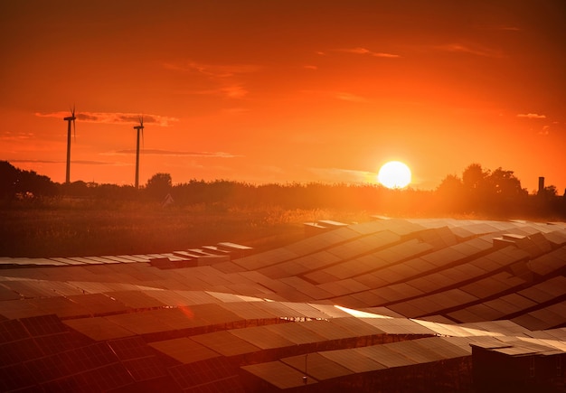 Station de panneaux solaires et silhouettes d'éoliennes contre le coucher du soleil du ciel du soir, le concept d'énergie alternative écologique de la nature