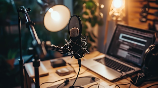 Photo station de podcasting confortable avec microphone, ordinateur portable et lampe