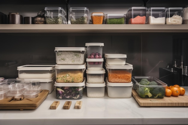 Station de préparation des repas avec des ingrédients, des outils de cuisson et des récipients de stockage créés à l'aide d'une IA générative