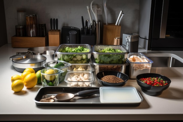 Photo station de préparation de repas avec ustensiles de cuisine et ingrédients prêts à cuisiner créés avec l'ia générative