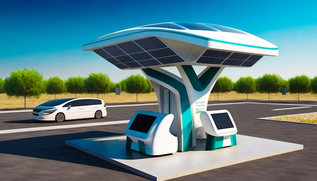 Station de recharge à énergie solaire devant la voiture Generative AI