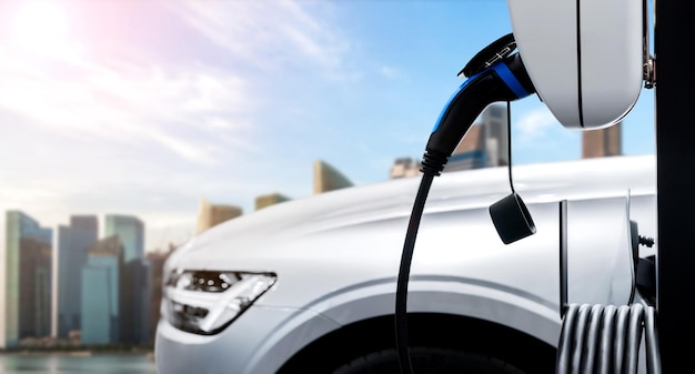 Station de recharge EV pour voiture électrique dans le concept d'énergie verte et d'énergie écologique