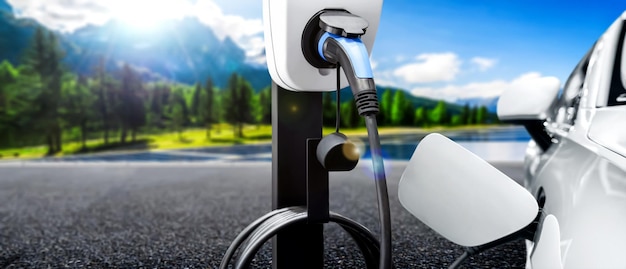 Station de recharge EV pour voiture électrique dans le concept d'énergie verte et d'énergie écologique