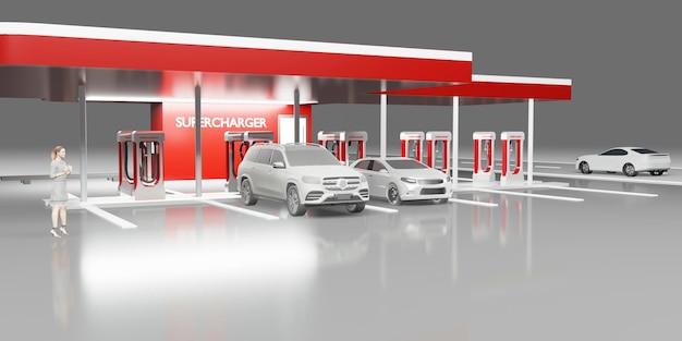 Station de recharge de voiture station d'alimentation de voiture électrique chargeant dans le garage illustration 3d