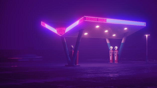 Station-service rétro au néon la nuit Réflexions de pluie de brouillard sur l'illustration 3D d'asphalte