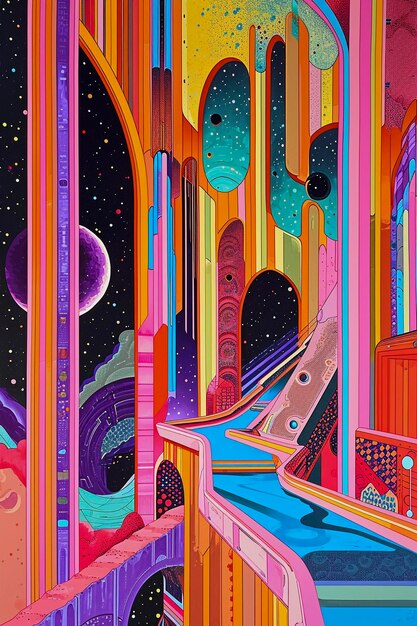 Station spatiale cosmique abstraite couleurs vives illustartion IA générative