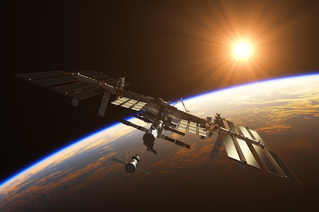 Station spatiale internationale sur fond de soleil levant