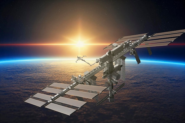 Station spatiale internationale sur orbite de la planète Terre ISS Fond sombre Éléments de cette image fournis par la NASA