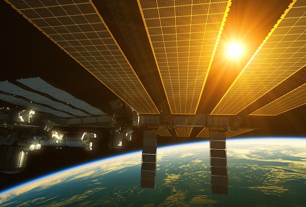 Station spatiale internationale et soleil au-dessus de la terre