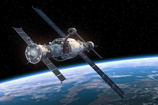 Photo station spatiale en orbite autour de la terre scène 3d