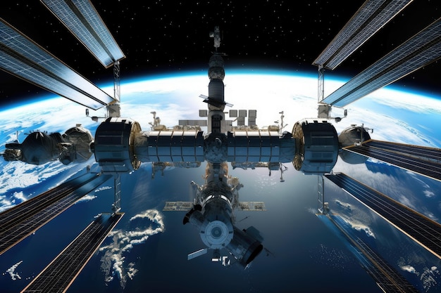 Photo station spatiale avec vue sur la terre et les étoiles en arrière-plan créée avec une ia générative