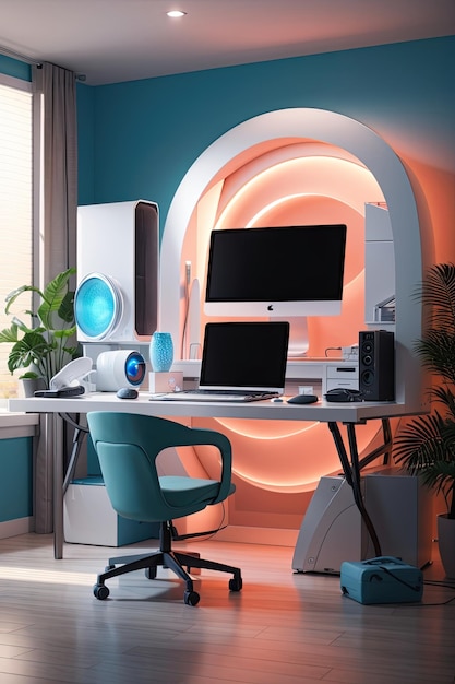 Station de travail informatique 3D avec bureau dans la pièce