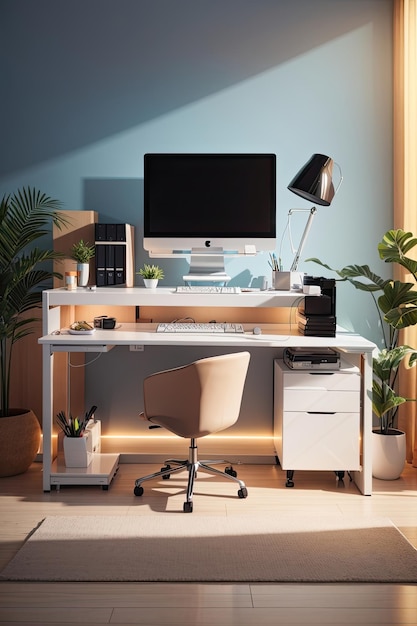 Station de travail informatique 3D avec bureau dans la pièce
