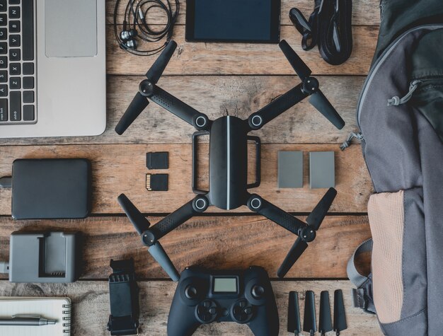 Station de travail de photographe avec drone et outils