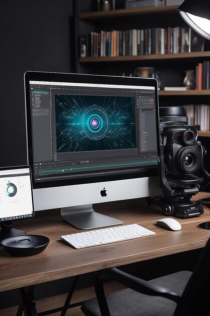 Photo station de travail de photographie numérique générative ai caméra dslr numérique moderne écran d'ordinateur portable