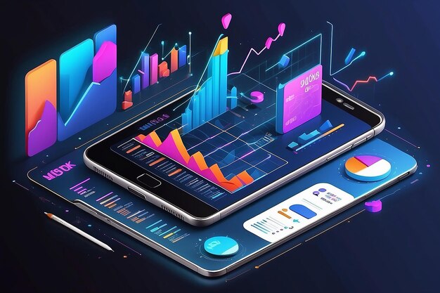 Photo statistiques en ligne et analyse de données graphique d'affaires d'application isométrique et illustration de données d'analyse