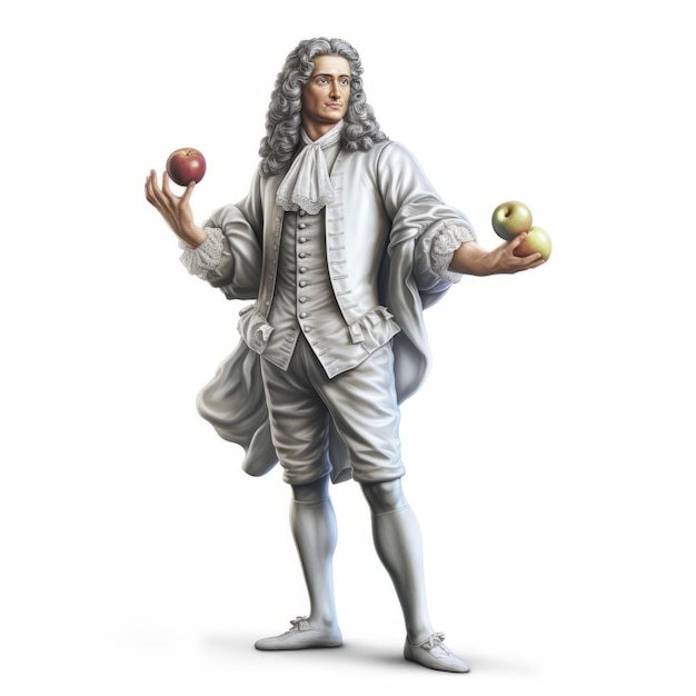 Statue 3D réaliste d'Isaac Newton tenant des pommes