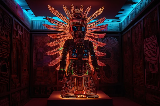 Une statue d'un amérindien avec une lumière colorée dessus.