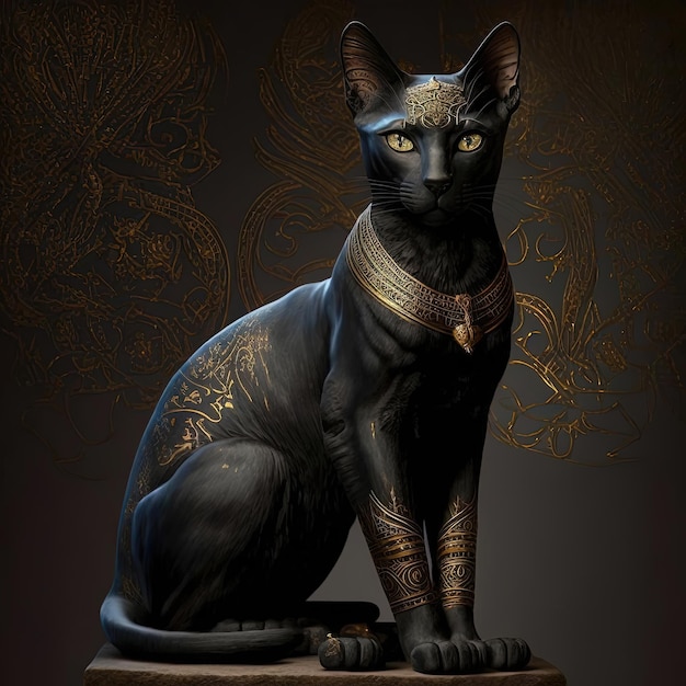 Statue d'ancien chat noir égyptien dans le podium intérieur noir de l'ancienne déesse égyptienne Bastet AI