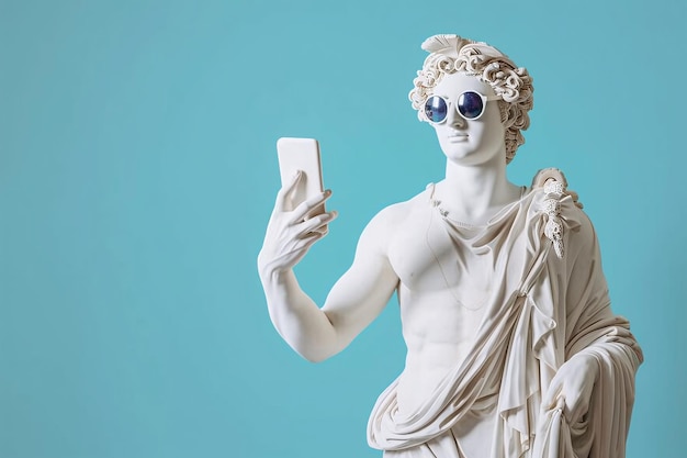 Une statue ancienne portant des lunettes de soleil et tenant un smartphone