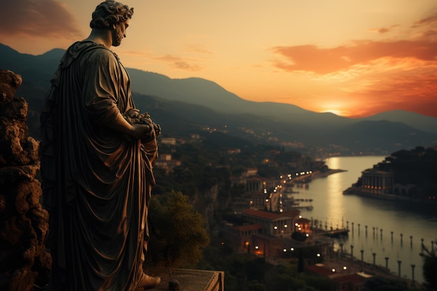 statue de l'ancienne statue romaine au coucher du soleil à savona généré par ai