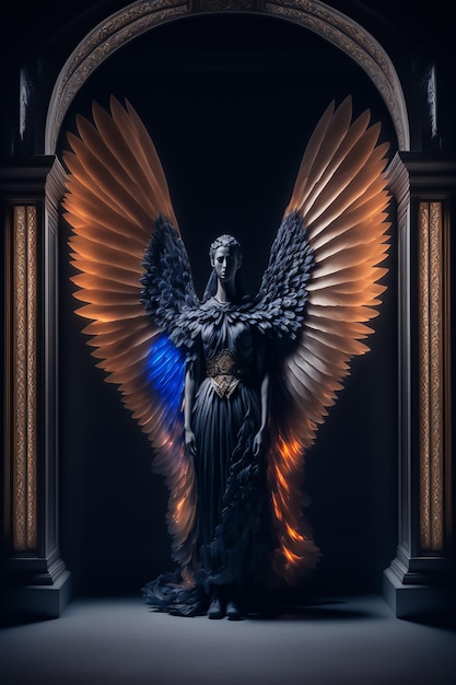 Une statue d'un ange ailé avec des ailes bleues et oranges