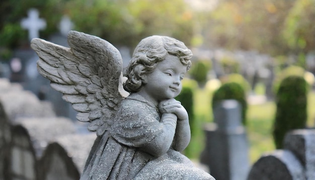 Statue d'ange chérubin dans le cimetière Ange gardien priant