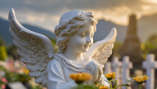 Statue d'ange chérubin dans le cimetière Ange gardien priant