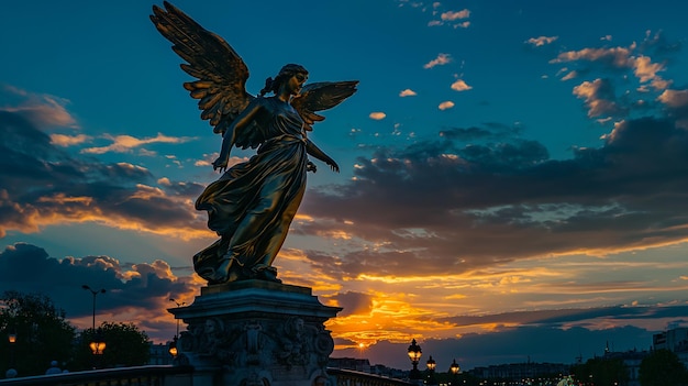 une statue d'un ange avec un coucher de soleil en arrière-plan