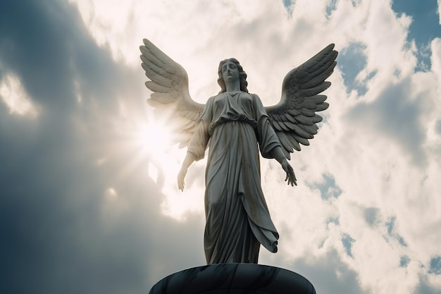 Une statue d'un ange avec le soleil derrière lui