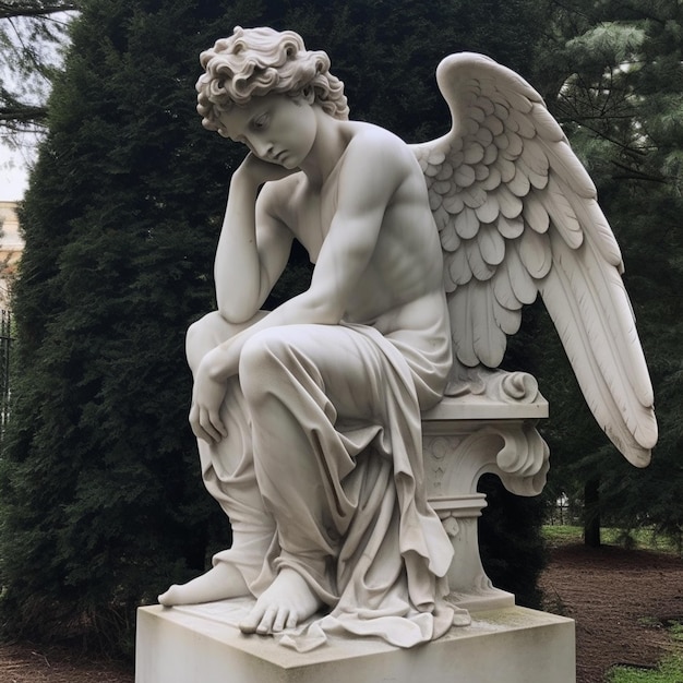 Une statue d'ange avec la tête baissée et les mains sur la tête.