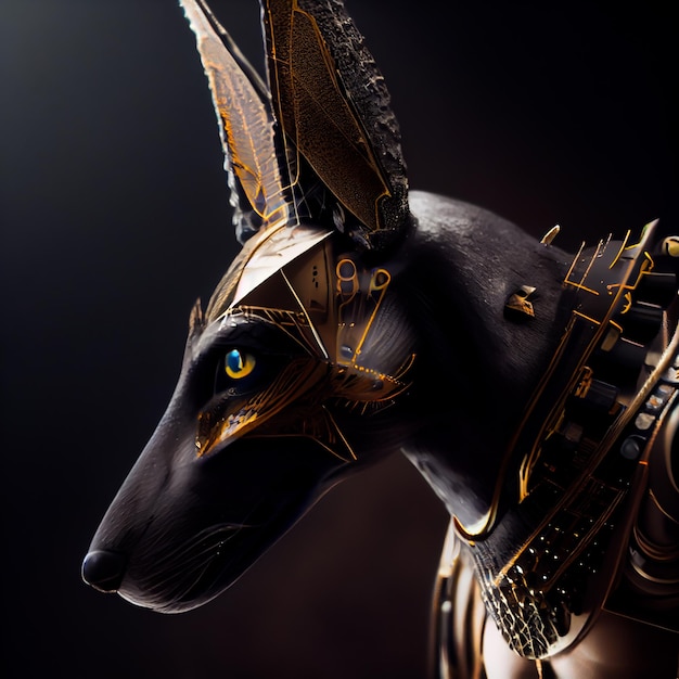 Une statue d'anubis aux yeux d'or et à l'œil bleu