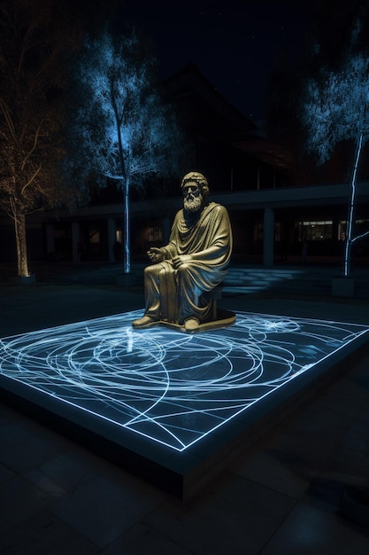 Statue d'Arafed d'un homme assis sur une place avec un dessin lumineux sur elle