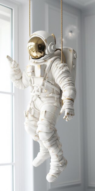 Une statue d'un astronaute avec un casque d'or et un casque d'or.