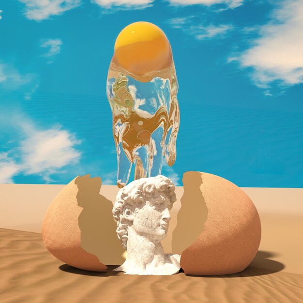 Statue au milieu du désert et œuf ouvert dans le ciel