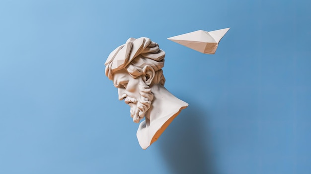 une statue blanche d'un homme et un avion en papier