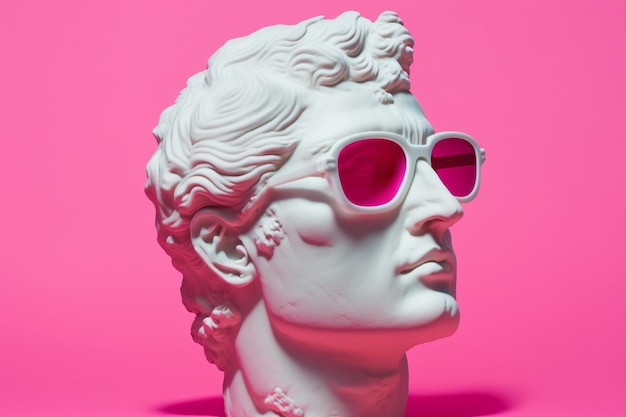 Une statue blanche avec des lunettes de soleil roses dessus