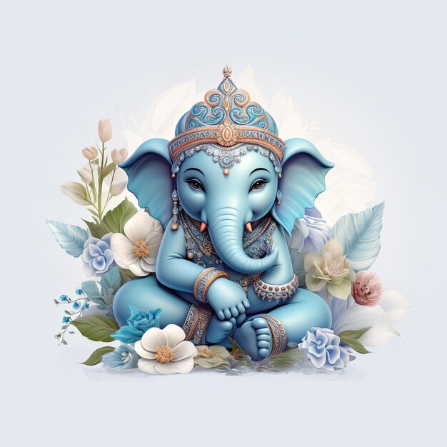 Une statue bleue d'un éléphant Ganesha entourée de fleurs.