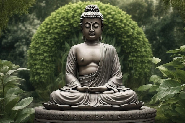 une statue de bouddha avec un arbre en arrière-plan