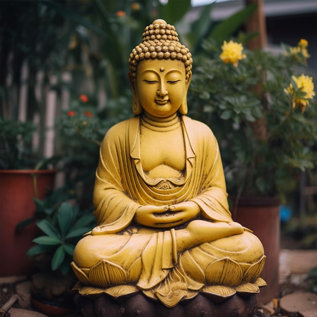 Photo une statue de bouddha assise dans un jardin sur un fond jaune