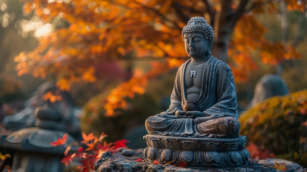 Photo une statue de bouddha assise devant un arbre avec des feuilles d'automne