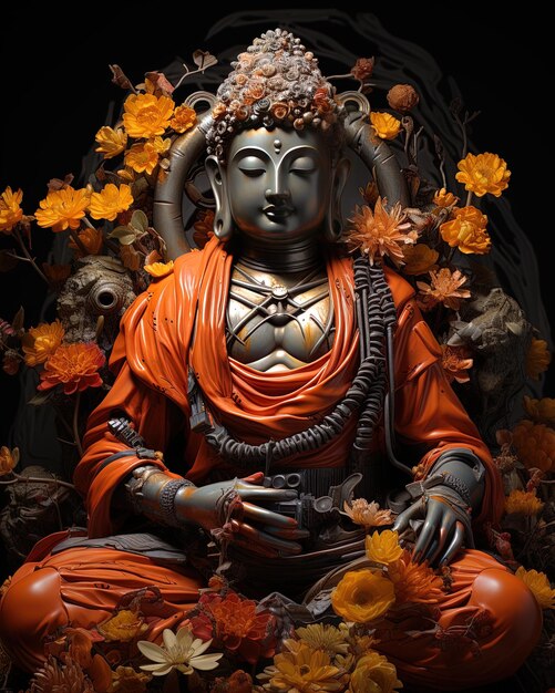 une statue de Bouddha assise devant des fleurs