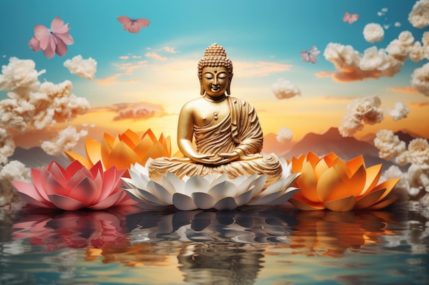 une statue de Bouddha assise sur des fleurs de lotus avec le soleil derrière lui