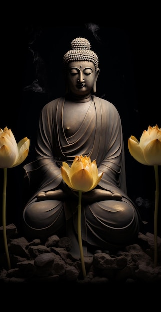 statue de Bouddha assise en position du lotus avec trois fleurs jaunes ai générative