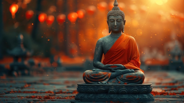 Statue de Bouddha assise sur un sol en pierre